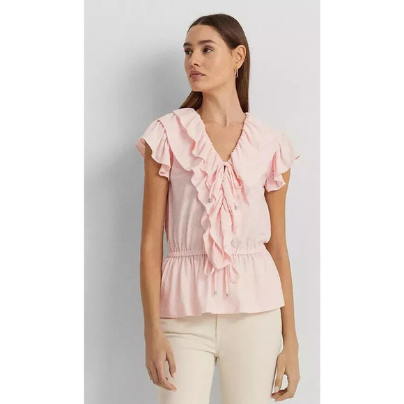 Lauren Ralph Lauren Ruffled Flutter-Sleeve Peplum Top Womens Size L Pink Linen - Picture 1 of 10